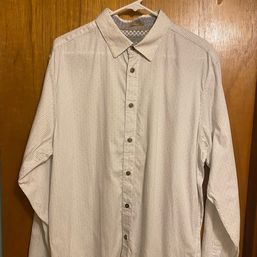 Ted Baker Button Down Shirt - Size 6 - White Patterned with gold highlights